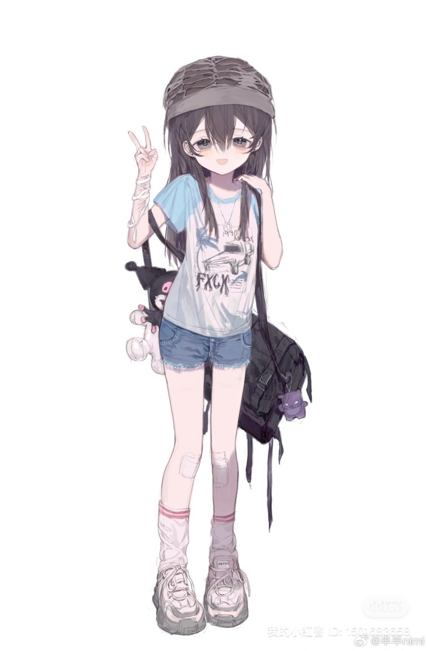 1girl, :d, backpack, bag, bag_charm, banbanimi, bandages, bandaid, bandaid_on_knee, bandaid_on_leg, black_hair, blue_shorts, blush, brown_hair, charm_(object), clothes_writing, denim, denim_shorts, full_body, gun, hair_between_eyes, hand_up, hat, highres, long_hair, looking_at_viewer, my_melody_(series), open_mouth, original, sanrio, shirt, shoes, short_shorts, short_sleeves, shorts, simple_background, smile, sneakers, socks, solo, standing, v, watermark, weapon, white_background, white_socks
