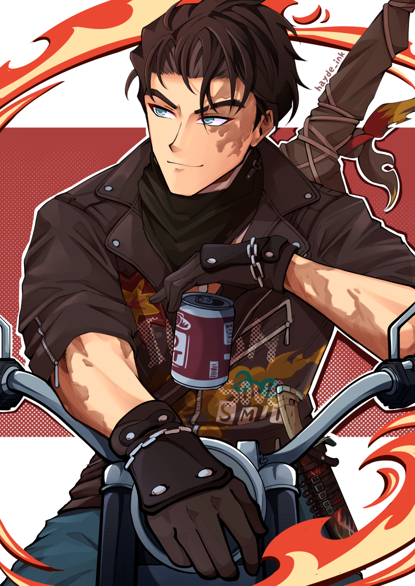 1boy, black_gloves, black_hair, black_jacket, blue_eyes, blue_neckerchief, blue_pants, burn_scar