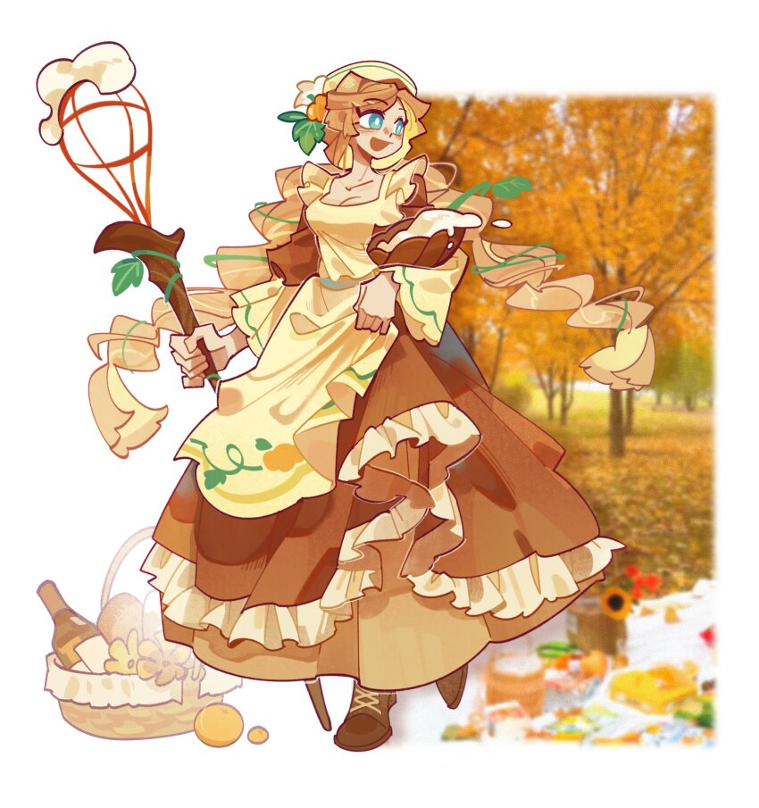 1girl, :d, apron, basket, blonde_hair, bradyclaph83904, braid, breasts, bright_pupils, brown_dress, brown_hair, brown_shoes, cookie_run, cookie_run:_ovenbreak, dress, everything_pie_cookie, everything_pie_cookie_(bountiful_pie_day), full_body, green_eyes, hat, highres, holding, holding_whisk, long_sleeves, looking_to_the_side, multicolored_hair, official_alternate_costume, open_mouth, shoes, simple_background, smile, solo, standing, twin_braids, two-tone_hair, whisk, white_background, white_pupils, yellow_apron, yellow_hat