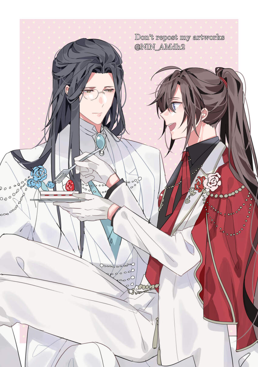 2boys, :d, ahoge, alternate_costume, bishounen, black_hair, black_shirt, blue_flower