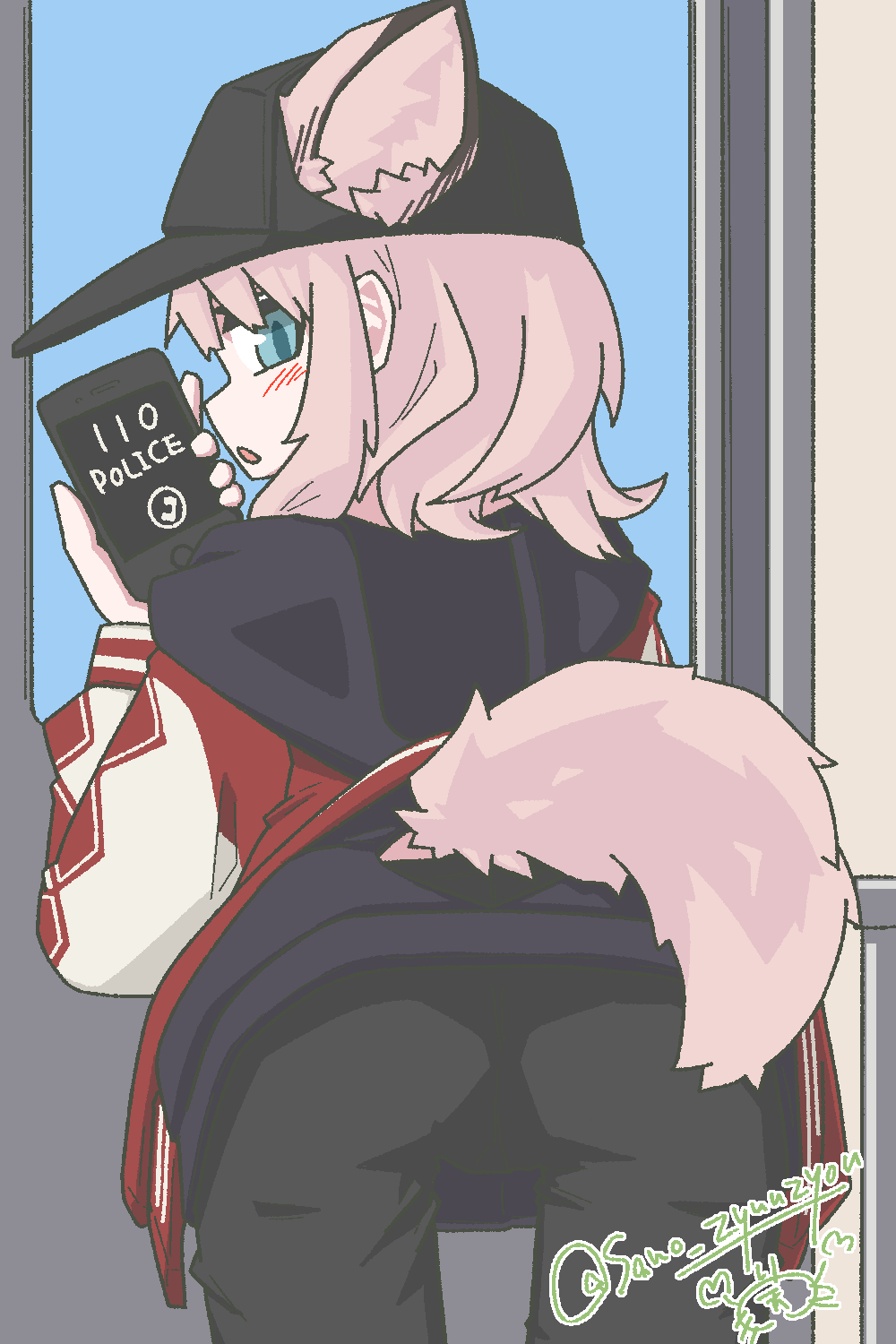 animal_ears, arknights, blue_eyes, cellphone, fox_ears, fox_tail, hat, highres