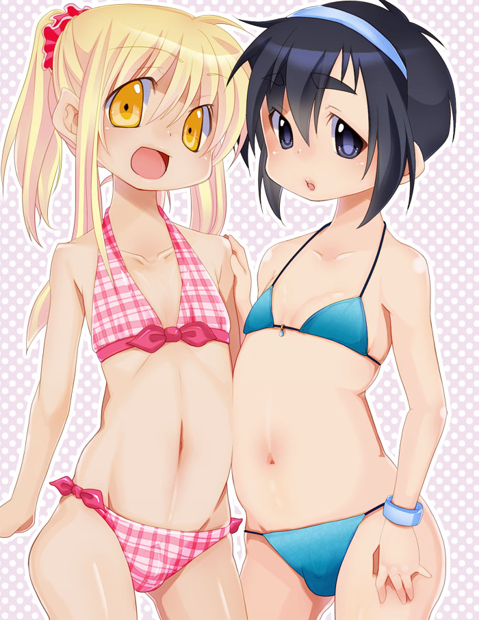 2boys, akiyama_tooru, bikini, black_hair, blonde_hair, bulge, crossdressing, crossdressing_(mtf), hairband, long_hair, male_focus, multiple_boys, navel, open_mouth, original, ponytail, purple_eyes, smile, swimsuit, trap, yellow_eyes