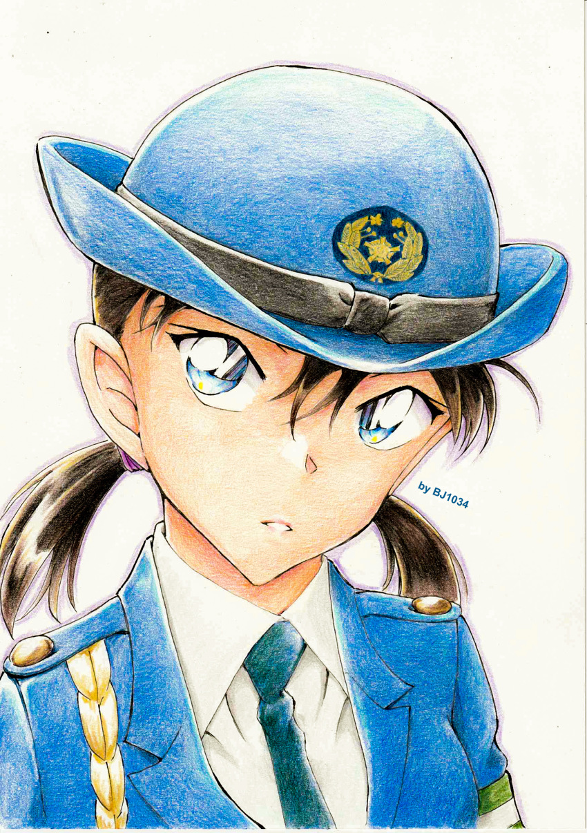 1girl, absurdres, armband, artist_name, bj1034_(tosashi), black_hair, blue_eyes, blue_hat