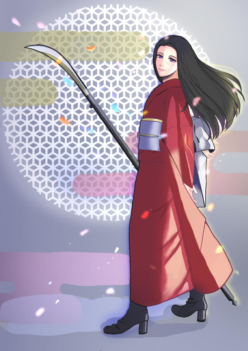 1girl, 3dlo_ocin, absurdres, arm_behind_back, black_hair, black_shoes, egasumi, full_body, highres, japanese_clothes, kimono, long_hair, mizushima_hisoka, naginata, polearm, purple_eyes, red_kimono, shoes, solo, standing, tokimeki_memorial, tokimeki_memorial_girl's_side, tokimeki_memorial_girl's_side_2nd_kiss, weapon, wide_sleeves