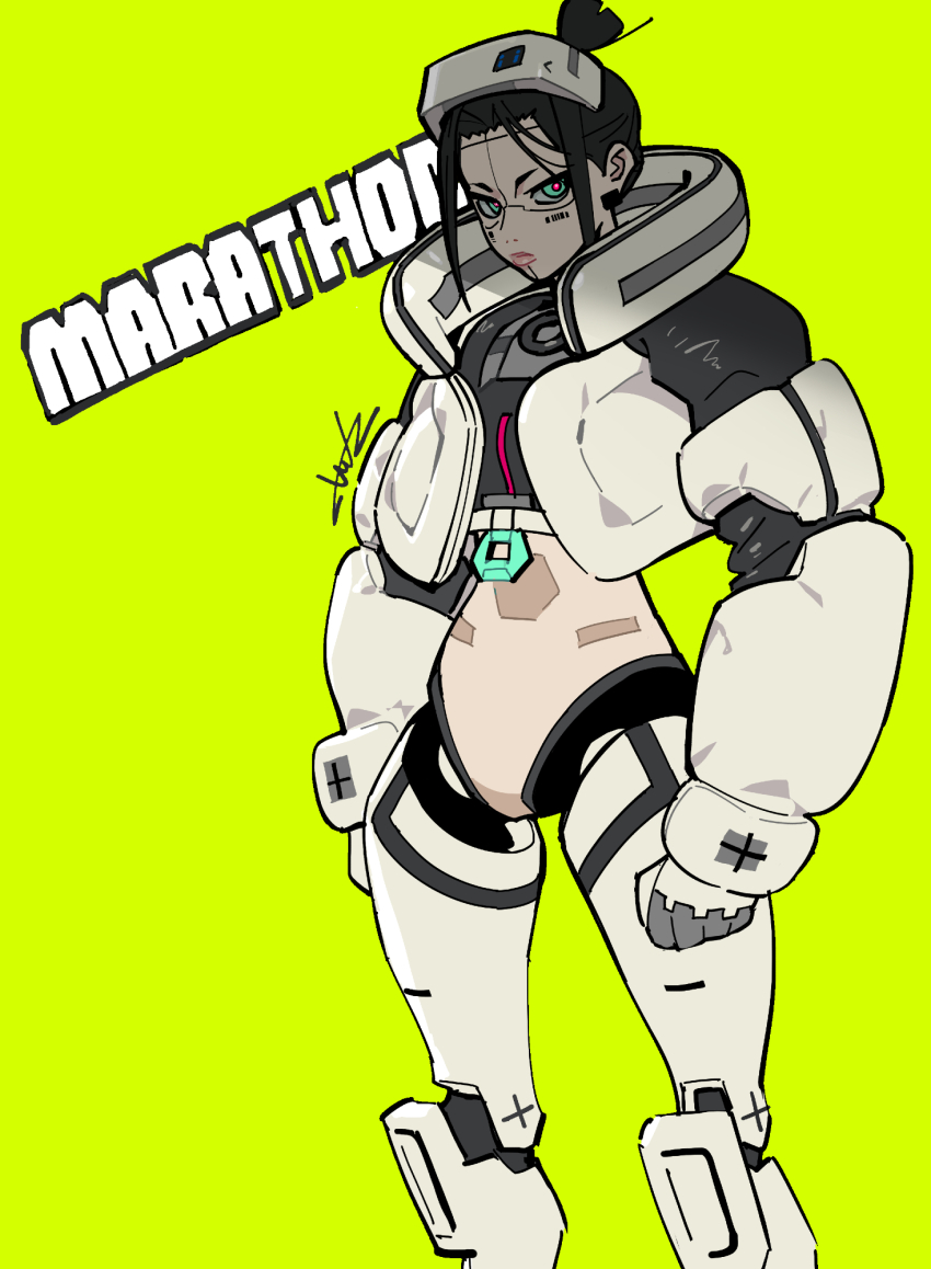 1girl, androgynous, armor, barcode, barcode_tattoo, black_armor, black_hair, black_jacket, blue_eyes, clenched_hands, clenched_teeth, commentary, copyright_name, cyberpunk, cyborg, earrings, english_commentary, expressionless, feet_out_of_frame, flat_chest, green_background, head-mounted_display, high_collar, highres, jacket, jewelry, marathon_(2026), marathon_(series), mechanical_arms, mechanical_legs, multicolored_jacket, no_pussy, open_clothes, open_jacket, prosthesis, red_pupils, short_hair, signature, solo, tarou2, tattoo, teeth, topknot, two-tone_jacket, white_armor, white_jacket, white_visor