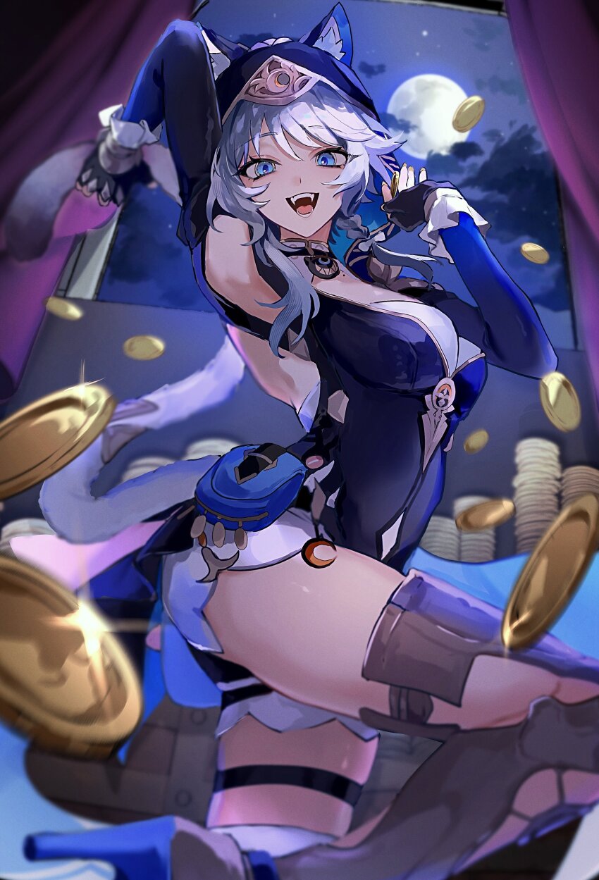 1girl, absurdres, animal_ear_fluff, animal_ears, animal_hood, black_gloves, blue_eyes, breasts, cat_ears, cat_hood, cipher_(honkai:_star_rail), coin, commentary, er_ra63, fangs, fingerless_gloves, full_moon, gloves, gold_coin, grey_hair, highres, honkai:_star_rail, honkai_(series), hood, large_breasts, looking_at_viewer, mole, mole_on_breast, moon, night, open_mouth, pouch, shirt, short_hair_with_long_locks, sky, solo, untranslatable_commentary, thighs, white_shirt