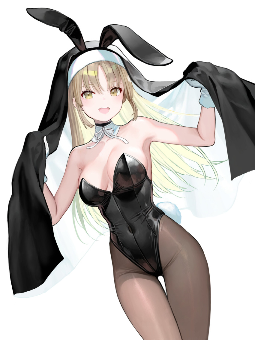 1girl, absurdres, animal_ears, black_dress, black_leotard, black_veil, breasts, capelet, detached_collar, dress, gloves, highres, lace-trimmed_capelet, lace_trim, large_breasts, leotard, nijisanji, nun, playboy_bunny, rabbit_ears, rabbit_tail, sister_claire, strapless, strapless_leotard, tail, traditional_nun, uruwashi_tousen, veil, virtual_youtuber, white_capelet, white_gloves