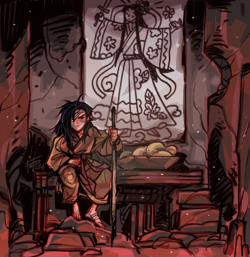 1boy, altar, bandaged_head, bandages, barefoot, belt, black_eyes, black_hair