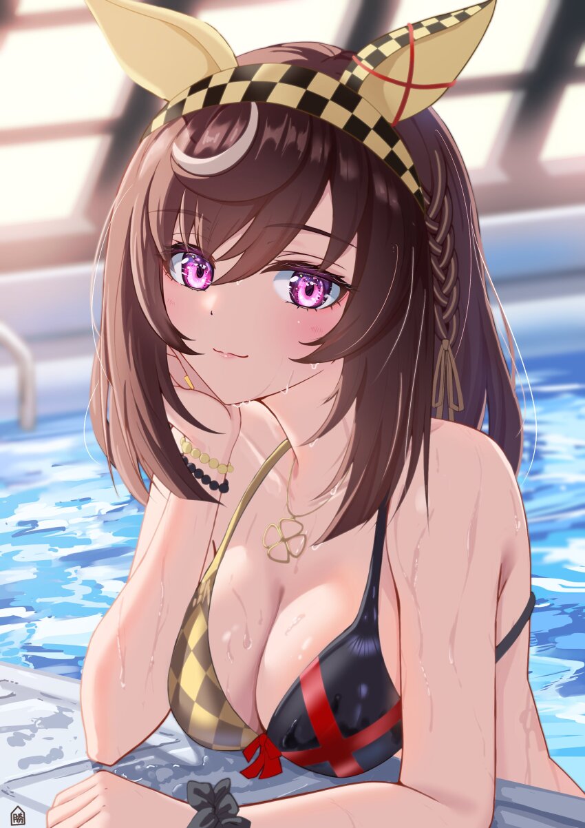 1girl, absurdres, alternate_costume, animal_ears, bikini, blurry, blurry_background, blush