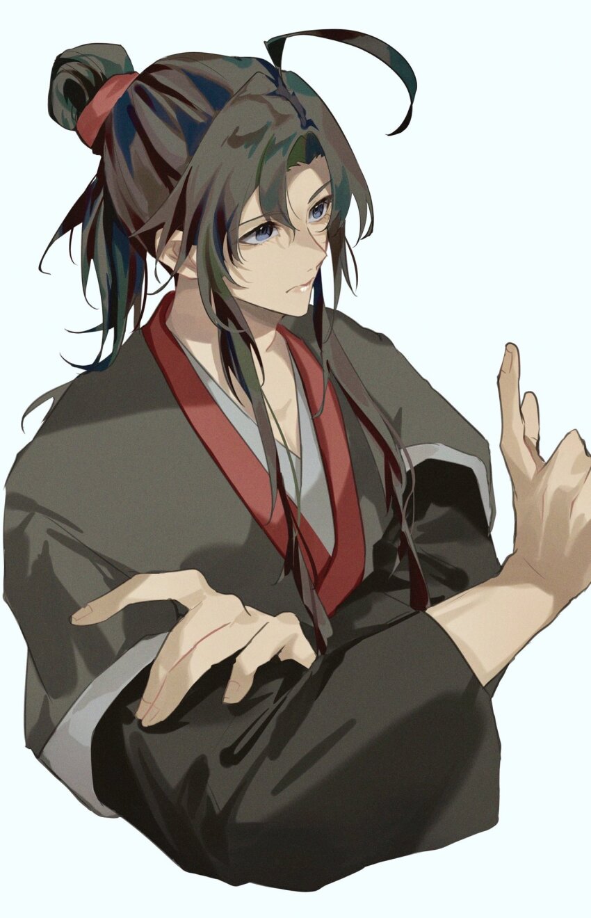 1boy, ahoge, alternate_hairstyle, bishounen, black_hair, black_hanfu, braid, chinese_clothes