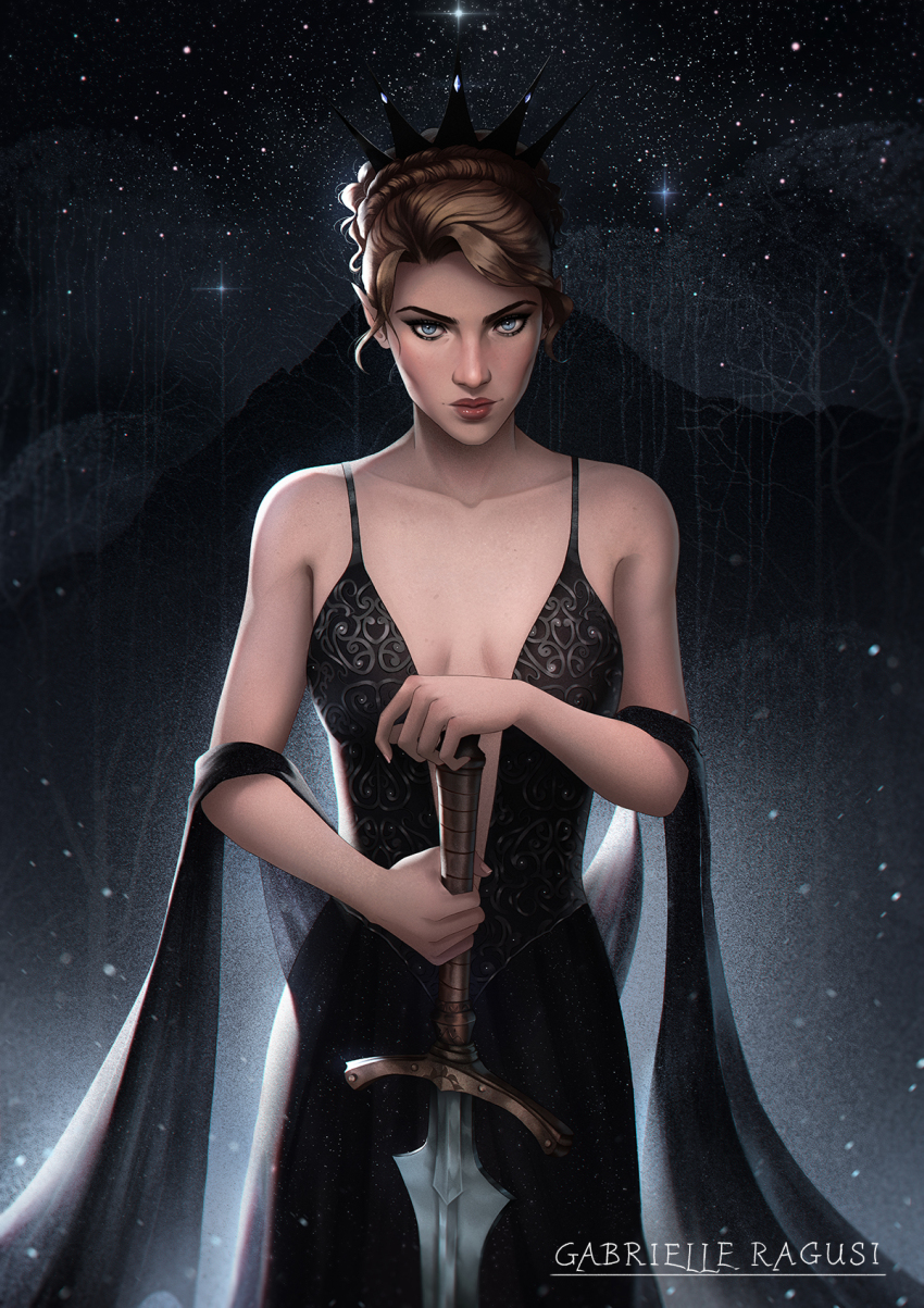 1girl, a_court_of_thorns_and_roses_(series), artist_name, blue_eyes, breasts, brown_hair, cleavage, cowboy_shot, crown, dress, foliage, gabrielleragusi, hair_ornament, highres, holding, holding_sword, holding_weapon, looking_at_viewer, makeup, medium_breasts, nesta_archeron, night, signature, sky, solo, star_(sky), starry_sky, sword, updo, weapon