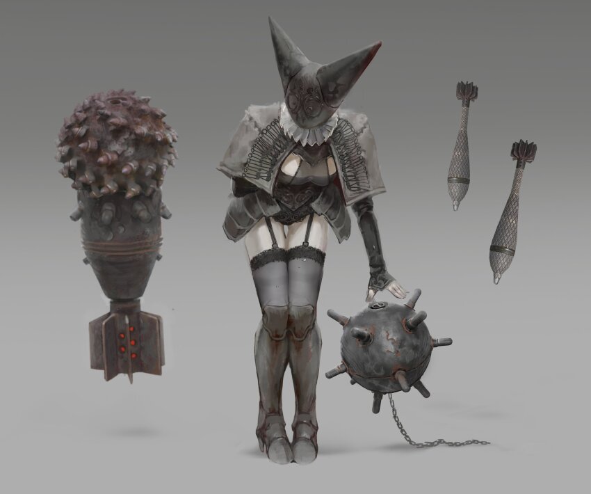 1girl, absurdres, aerial_bomb, ammunition, armor, artillery_witch, bent_over, breasts, chain, explosive, fogartart, garter_straps, grey_background, helmet, highres, jewelry, leg_armor, medium_breasts, mine_(weapon), mortar_shell, naval_mine, necklace, panties, standing, thighhighs, trench_crusade, underwear, witch