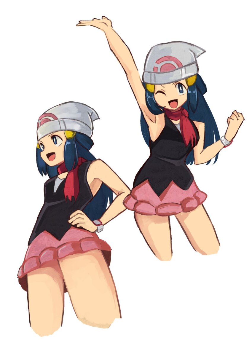 1girl, arm_up, bare_shoulders, black_shirt, blue_eyes, blue_hair, cowboy_shot, dawn_(pokemon)