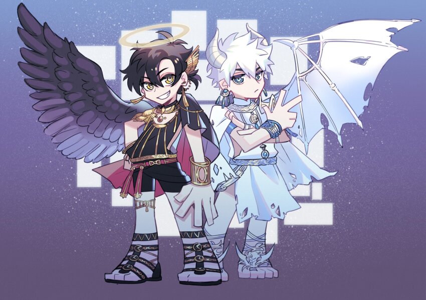2101341bbb, 2boys, ancient_greek_clothes, angel, angel_and_devil, angel_wings, belt, black_cape, black_hair, black_sandals, black_shirt, black_shorts, black_wings, blue_eyes, bracelet, cape, chain, cheng_xiaoshi, cheng_xiaoshi_(angel), chibi, chibi_only, closed_mouth, crossed_arms, demon, demon_boy, demon_horns, demon_tail, demon_wings, ear_piercing, earrings, feathered_wings, full_body, gladiator_sandals, greco-roman_clothes, grin, hair_ornament, halo, hand_on_own_hip, hand_up, highres, horns, jewelry, looking_at_viewer, lu_guang, lu_guang_(devil), male_focus, multiple_boys, necklace, official_alternate_costume, piercing, robe, sandals, shiguang_dailiren, shirt, short_hair, shorts, single_wing, sleeveless, sleeveless_shirt, smile, tail, torn_clothes, torn_wings, traditional_halo, v, white_cape, white_hair, white_robe, white_wings, wings, yellow_eyes