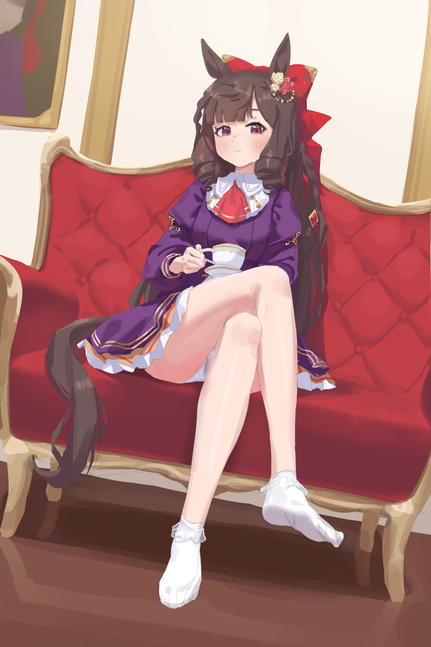 1girl, absurdres, animal_ears, barefoot, black_hair, bow, breasts, commentary_request