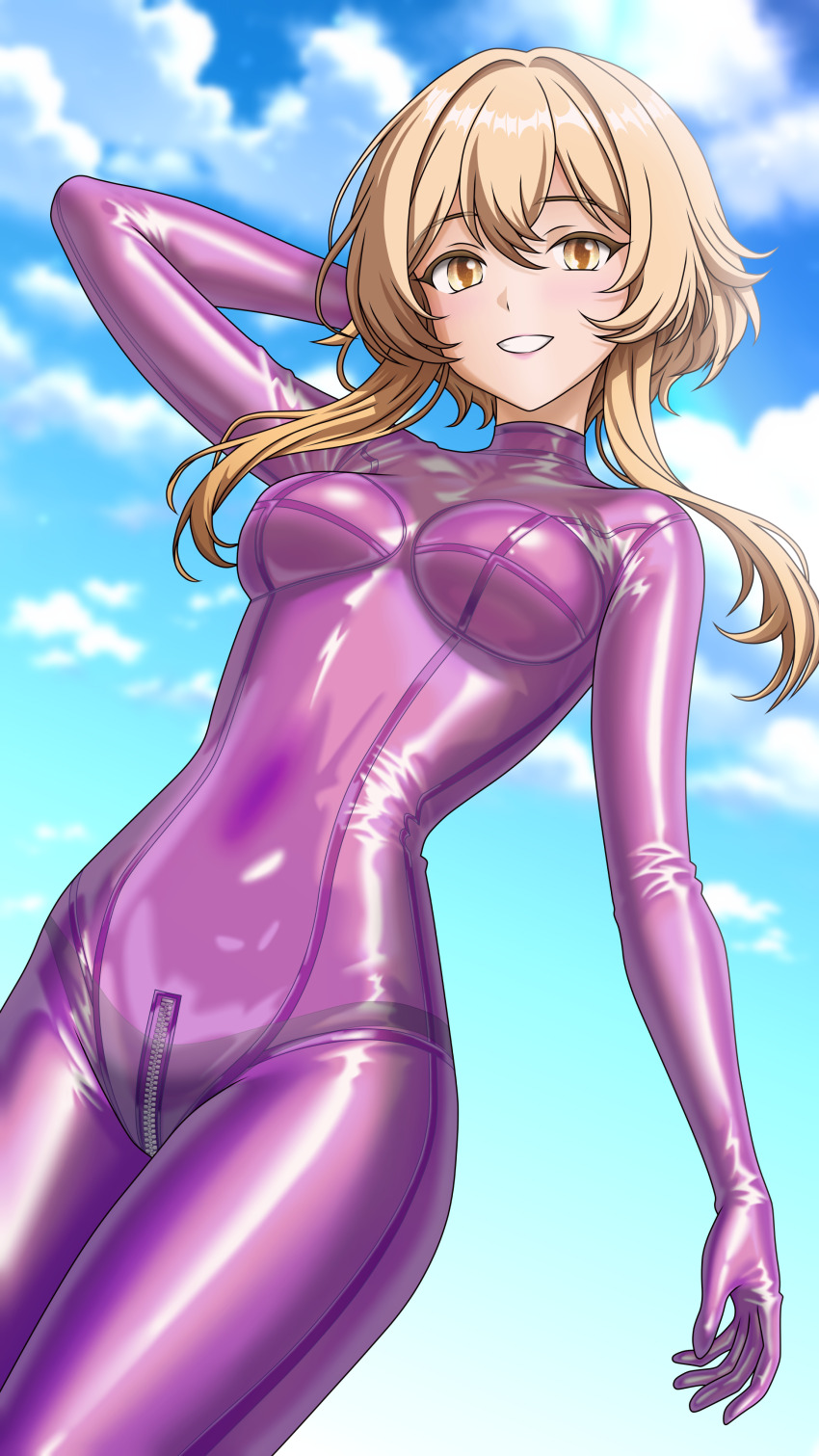 absurdres, alternate_costume, arm_behind_head, arm_up, blonde_hair, bodysuit, breasts, cloud, cloudy_sky, crotch_zipper, genshin_impact, grin, highres, kstrx-tca, latex, latex_bodysuit, looking_at_viewer, lumine_(genshin_impact), medium_breasts, purple_bodysuit, shiny_clothes, short_hair_with_long_locks, skin_tight, sky, smile, yellow_eyes