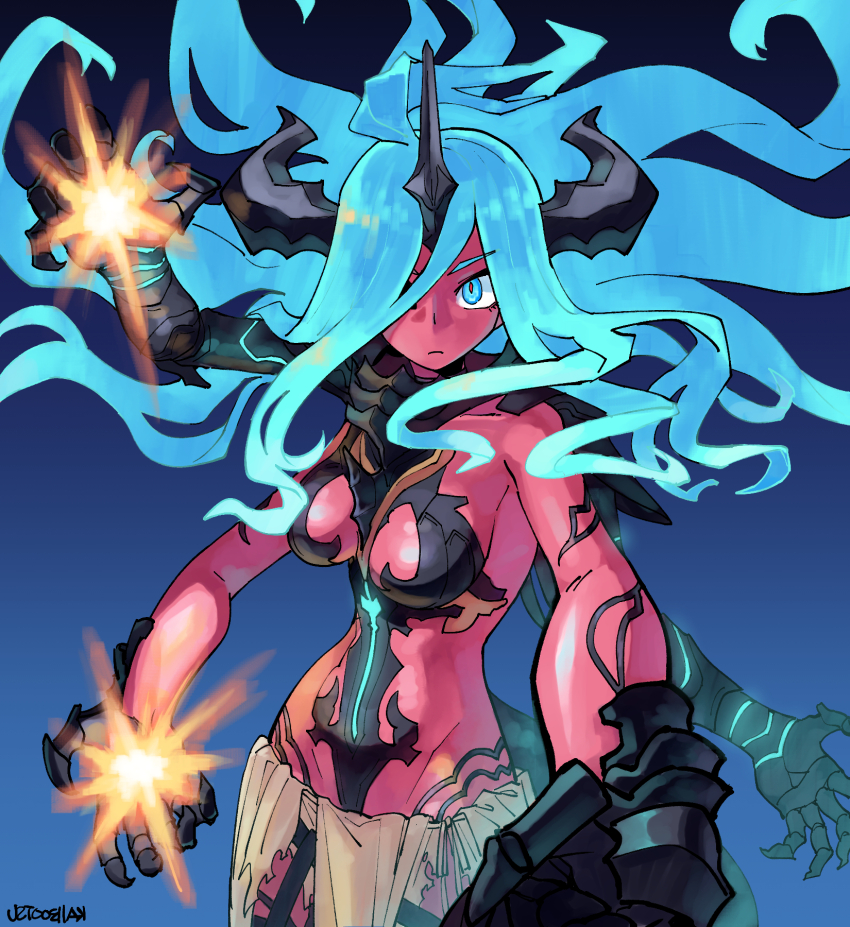 bare_shoulders, blue_background, blue_eyes, blue_hair, breasts, cleavage, colored_skin, cowboy_shot