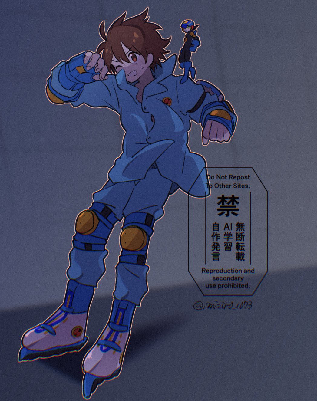 2boys, blue_pajamas, blue_pants, blue_shirt, brown_eyes, brown_hair, dark_background, highres, inline_skates, lan_hikari_(mega_man), male_focus, mega_man_(series), mega_man_battle_network_(series), megaman.exe, mini_person, mizuirov, multiple_boys, muted_color, netnavi, one_eye_closed, pajamas, pants, roller_skates, shirt, short_hair, skates, solo_focus, watermark