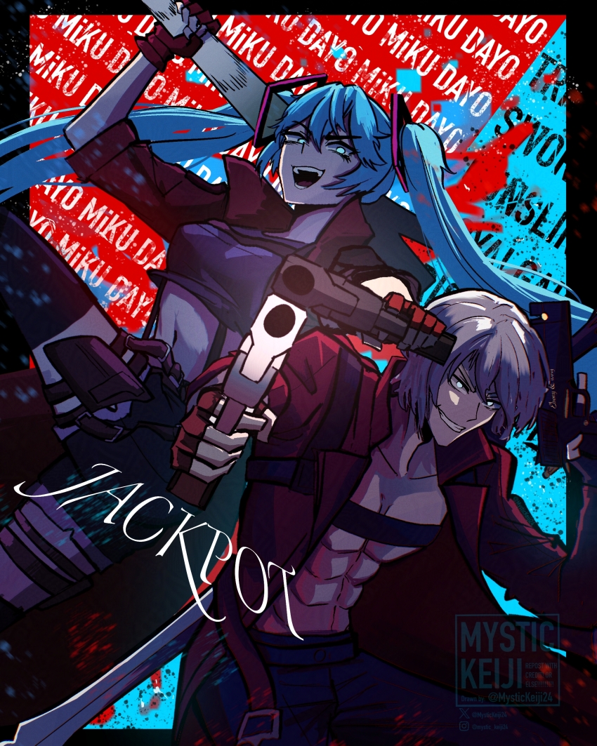 1boy, 1girl, abs, absurdres, aiming, aiming_at_viewer, black_shirt, black_shorts