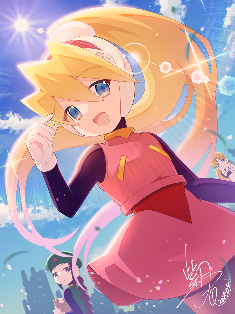 3girls, alouette_(mega_man), blonde_hair, blue_eyes, ciel_(mega_man), cowboy_shot, dated, high-waist_skirt