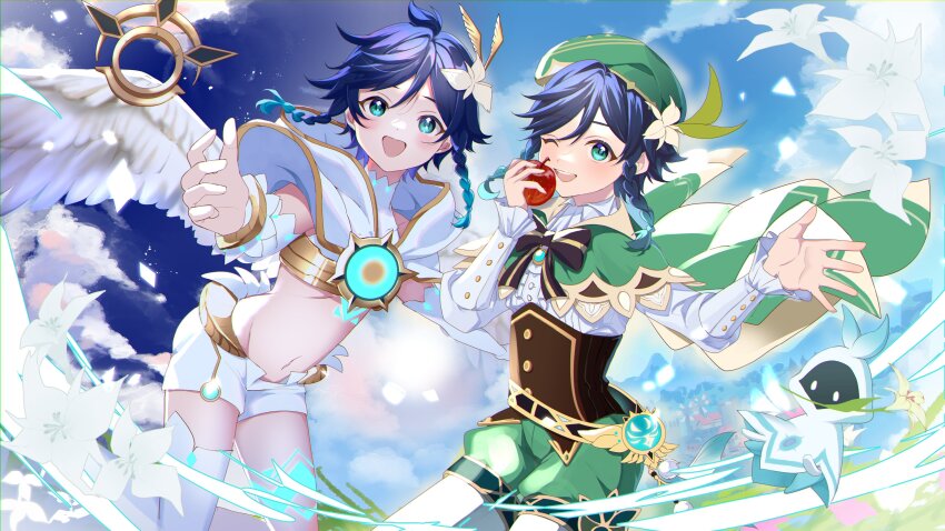 2boys, absurdres, apple, aqua_eyes, barbatos_(genshin_impact), beret, black_hair, blue_hair