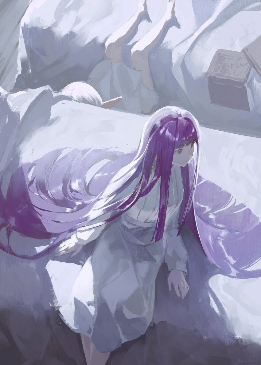 1girl, absurdres, blunt_bangs, blunt_ends, dress, elf, fern_(sousou_no_frieren), frieren