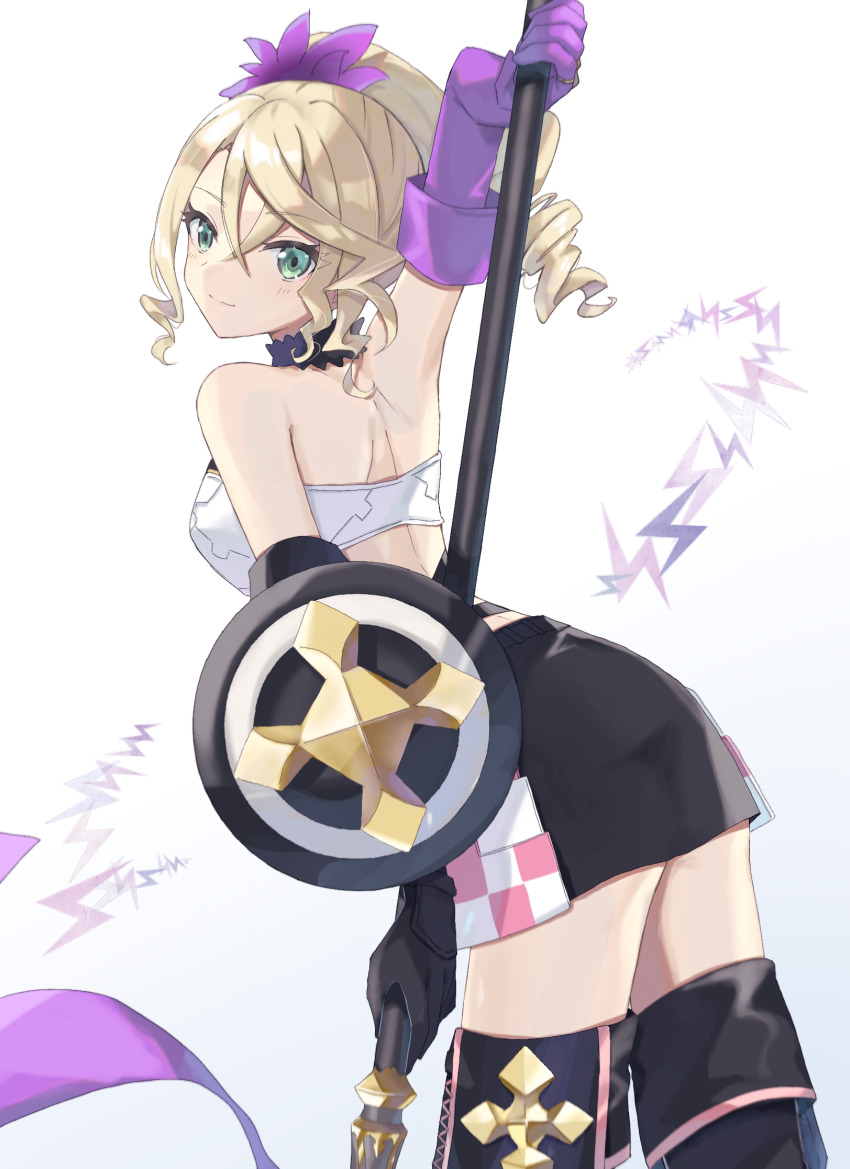 1girl, alisha_diphda, arm_shield, back, black_gloves, black_skirt, blonde_hair, closed_mouth