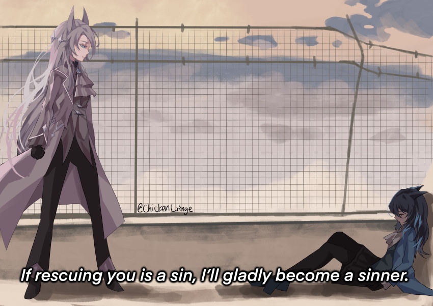 2girls, absurdres, animal_ears, artist_name, ascot, brooch, chickencringe, cloud