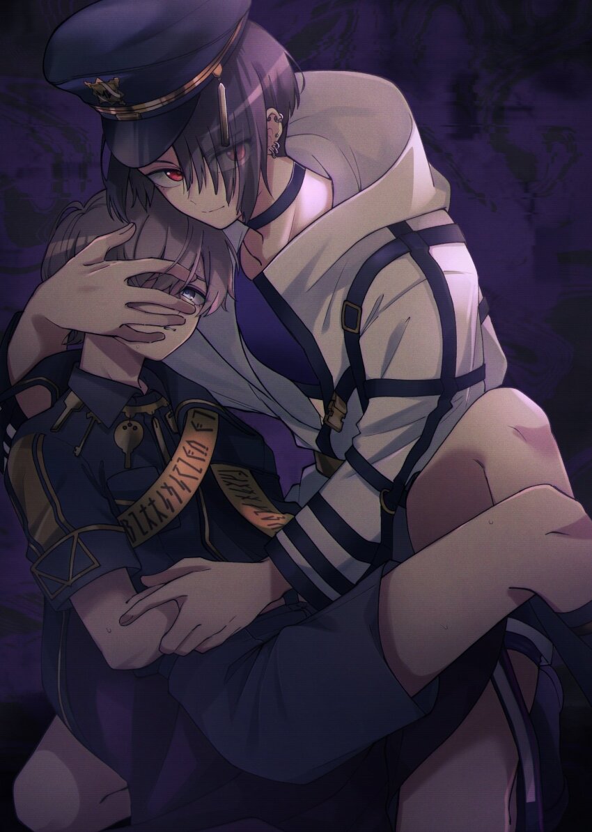 1girl, 1other, androgynous, asymmetrical_bangs, black_gloves, black_hair, collared_shirt, ear_piercing