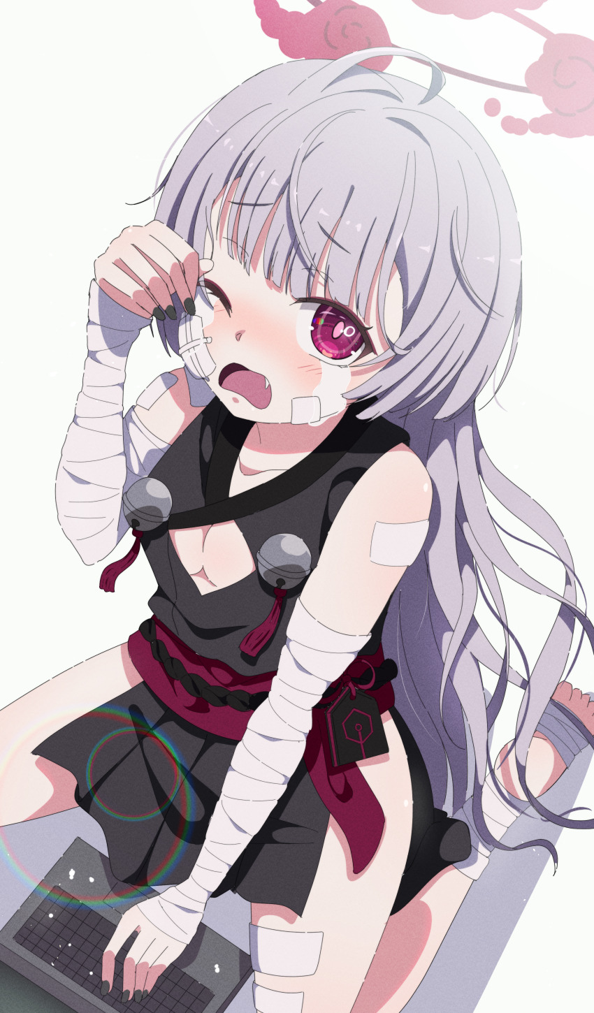 1girl, absurdres, ahoge, bandaged_arm, bandaged_leg, bandages, bare_shoulders, barefoot