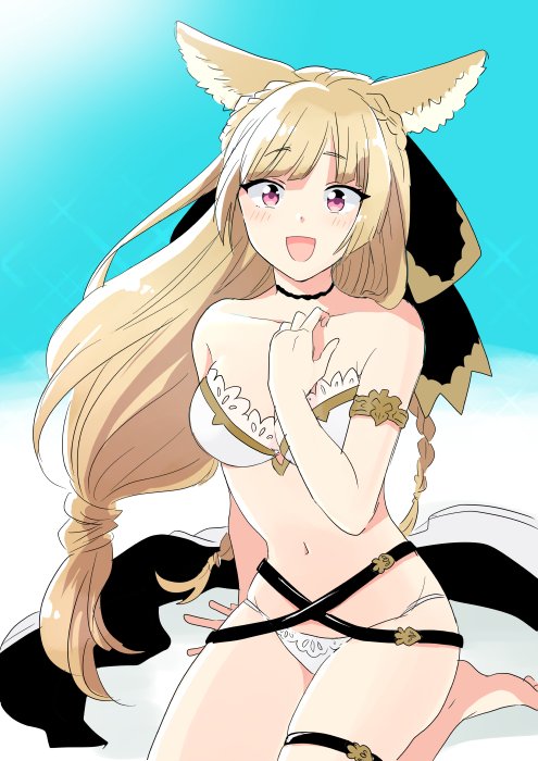 :d, animal_ears, belt, black_ribbon, blonde_hair, braid, erune, granblue_fantasy