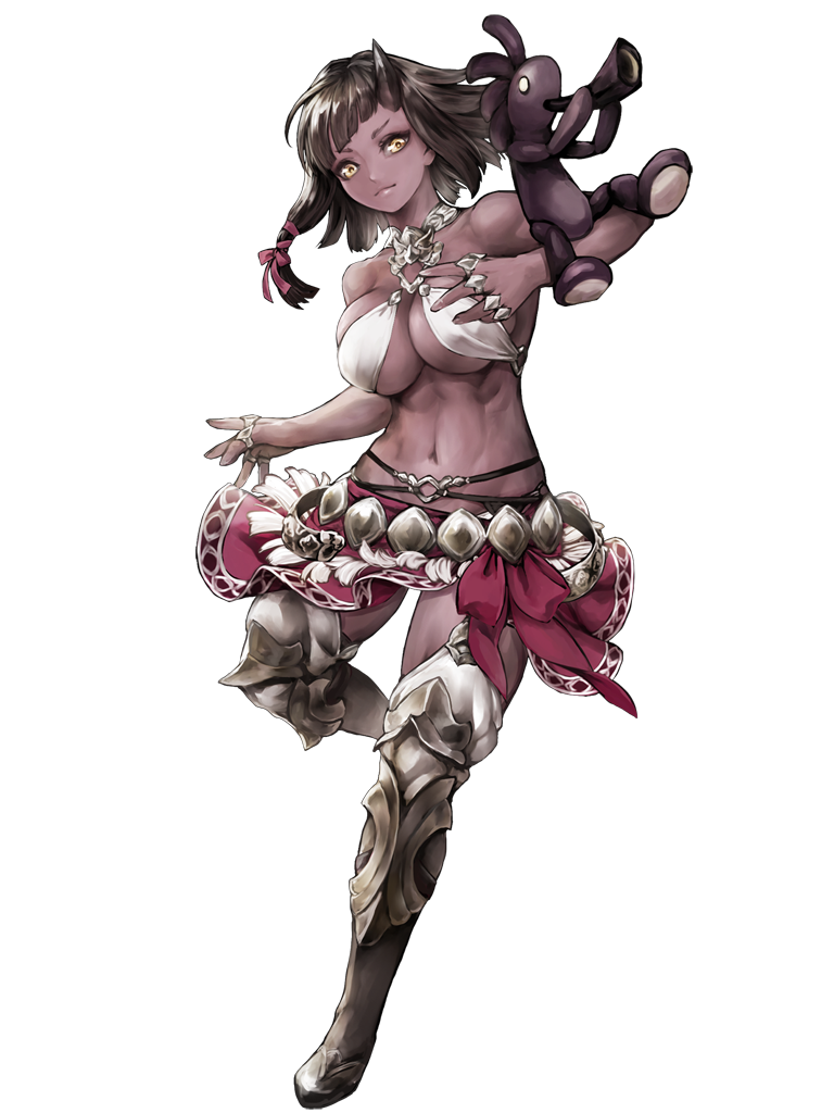 1girl, armor, bare_shoulders, black_hair, black_horns, breasts, brown_hair, dairoku_ryouhei, dark-skinned_female, dark_skin, full_body, greaves, horns, jewelry, medium_breasts, medium_hair, midriff, navel, nihongi_arrow, o-ring, rabbit_on_shoulder, ring, saruwatari_(tw), single_horn, solo, standing, standing_on_one_leg, toned, yellow_eyes