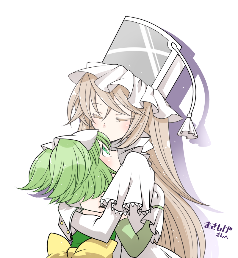 2girls, child, chitose_yuma, closed_eyes, green_hair, hug, iyofika, long_hair