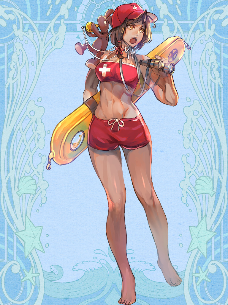 1girl, abs, barefoot, binoculars, black_horns, blue_background, breasts, brown_hair, dairoku_ryouhei, dark-skinned_female, dark_skin, full_body, hand_up, horns, lifeguard, medium_hair, morino_minori, nihongi_arrow, red_swim_trunks, single_horn, small_breasts, solo, standing, tan, toned, toned_female, torpedo_buoy, whistle, whistle_around_neck, yellow_eyes