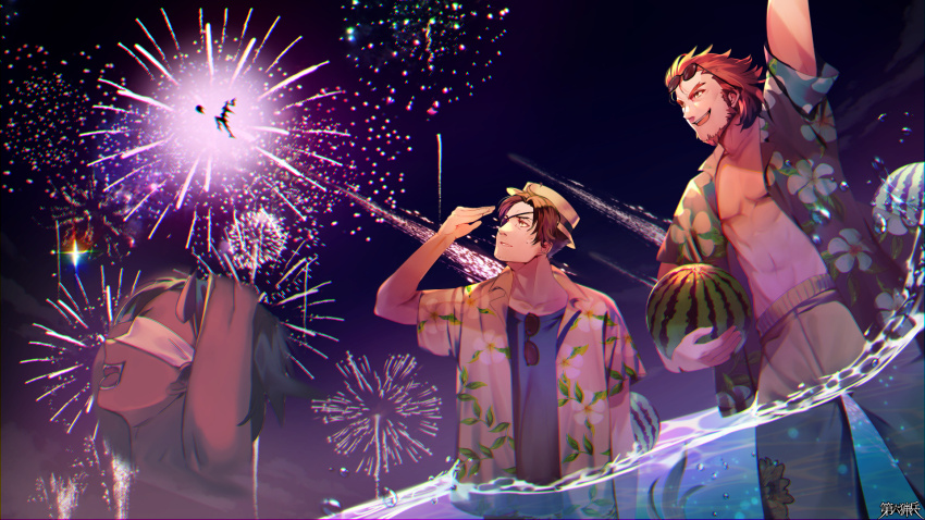 1girl, 2boys, :d, aerial_fireworks, arm_up, artistic_error, beard, blindfold, blue_shirt, brown_hair, copyright_name, dairoku_ryouhei, eyepatch, eyewear_hang, eyewear_on_head, facial_hair, fireworks, food, fruit, hand_up, hat, hawaiian_shirt, highres, morino_minori, multiple_boys, night, nihongi_arrow, open_clothes, open_mouth, open_shirt, oume_jin, outdoors, pectorals, shirt, smile, sunglasses, toned, toned_male, unworn_eyewear, wading, water, watermelon