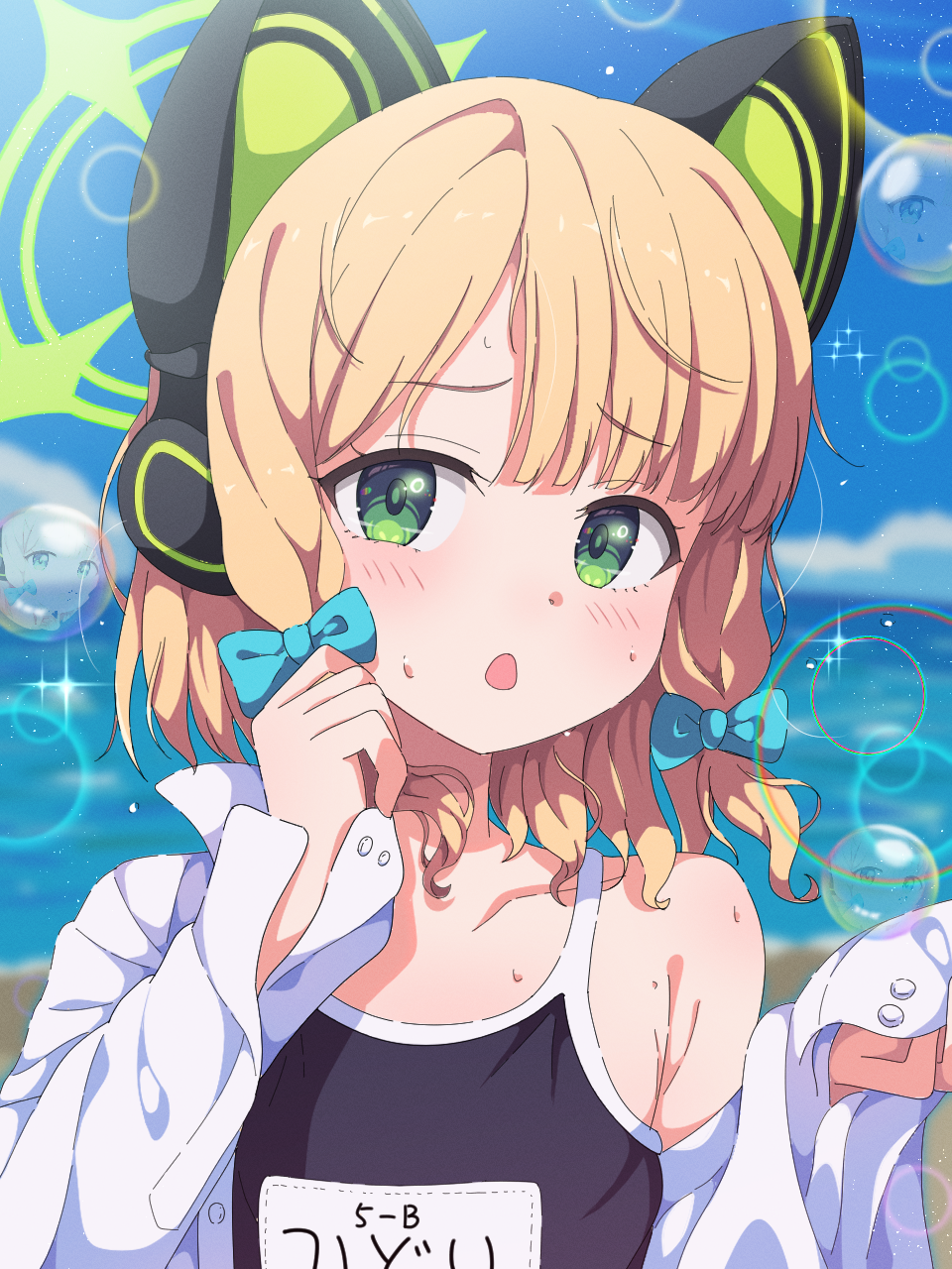 1girl, alternate_costume, animal_ear_headphones, animal_ears, aqua_bow, black_one-piece_swimsuit, blue_archive, blunt_bangs, blush, bow, cat_ear_headphones, cat_ears, character_name, clenched_hand, collarbone, collared_shirt, commentary, day, fake_animal_ears, flat_chest, furrowed_brow, green_eyes, green_halo, hair_bow, halo, hands_up, headphones, highres, lens_flare, loli, looking_at_viewer, medium_hair, midori_(blue_archive), mikoshi_(user_wvyd4348), ocean, one-piece_swimsuit, open_mouth, outdoors, reflection, school_swimsuit, shirt, sidelighting, sidelocks, single_bare_shoulder, soap_bubbles, solo, sparkle, sunlight, swimsuit, undressing, upper_body, wet, white_shirt