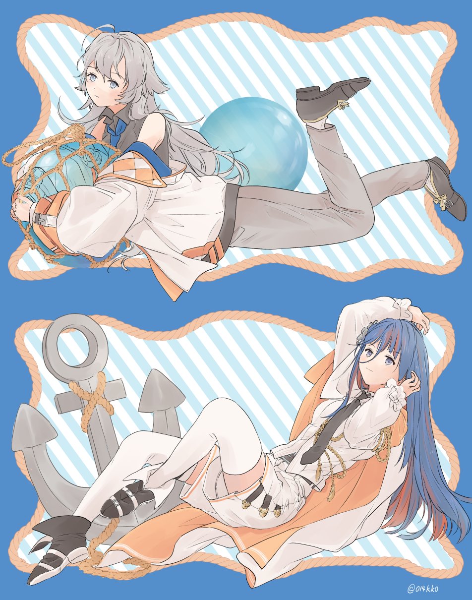 2girls, ahoge, aiguillette, anchor, belt, black_belt, black_necktie, black_shirt, black_shoes, blue_hair, blue_necktie, blue_shirt, cape, coat, commentary_request, grey_eyes, grey_hair, grey_pants, highres, jacket, kantai_collection, kokko_(014kko), long_hair, long_sleeves, looking_at_viewer, multicolored_hair, multicolored_shoes, multiple_girls, necktie, pants, red_hair, shirt, shoes, shorts, sleeveless, sleeveless_shirt, south_dakota_(anniversary)_(kancolle), south_dakota_(kancolle), thighhighs, twitter_username, two-sided_fabric, two-tone_shoes, washington_(anniversary)_(kancolle), washington_(kancolle), white_cape, white_coat, white_jacket, white_shirt, white_shorts, white_thighhighs, yellow_cape