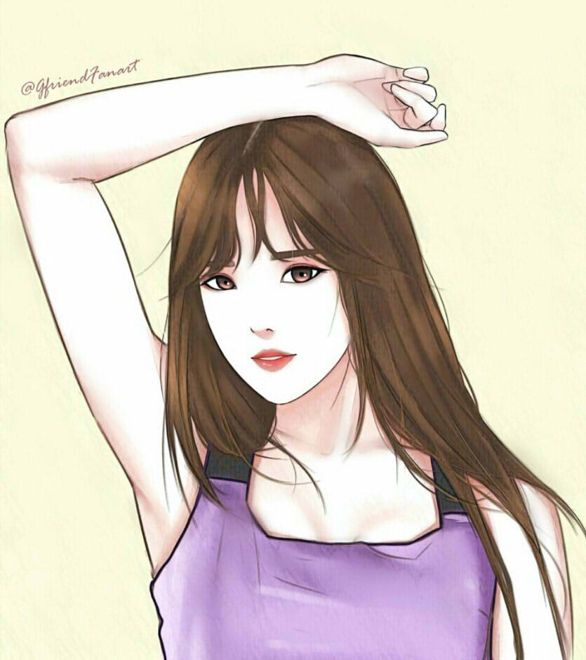 1girl, brown_eyes, brown_hair, commentary, gfriend, gfriendfanart, k-pop, long_hair, looking_at_viewer, parted_lips, purple_shirt, real_life, red_lips, shirt, simple_background, smile, solo, twitter_username, upper_body, yellow_background, yuju_(gfriend)