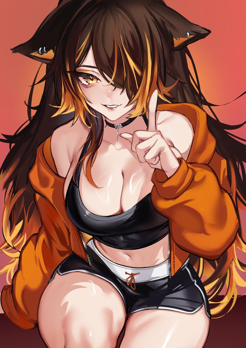 1girl, absurdres, animal_ears, armpit_crease, bare_shoulders, black_choker, black_shorts, black_tank_top