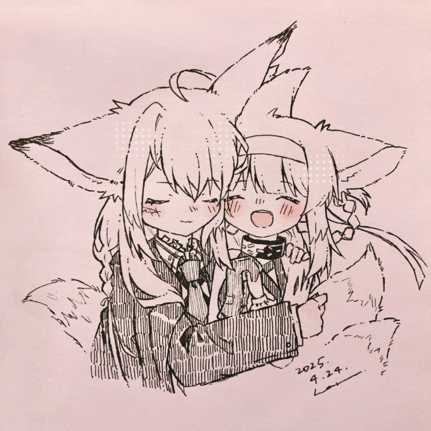 2girls, :d, ^_^, ahoge, animal_ears, arknights, blush, closed_eyes, closed_mouth, commentary, cropped_torso, dated, facial_scar, greyscale, hairband, haru_(aona1122), hatching_(texture), hug, infection_monitor_(arknights), linear_hatching, long_hair, long_sleeves, material_growth, monochrome, mother_and_child, mother_and_daughter, multiple_girls, necktie, open_mouth, oripathy_lesion_(arknights), parent_and_child, scar, scar_on_cheek, scar_on_face, short_hair, smile, spot_color, suzuran_(arknights), tail, traditional_media, vulpisfoglia_(arknights)