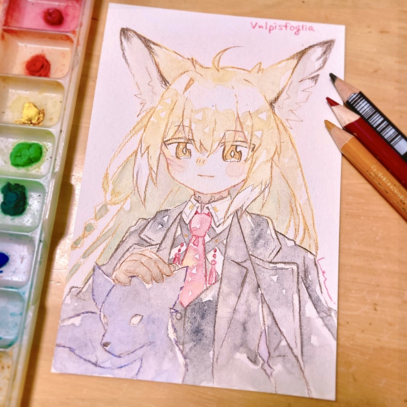 1girl, ahoge, animal, animal_ears, arknights, art_tools_in_frame, black_jacket, blonde_hair