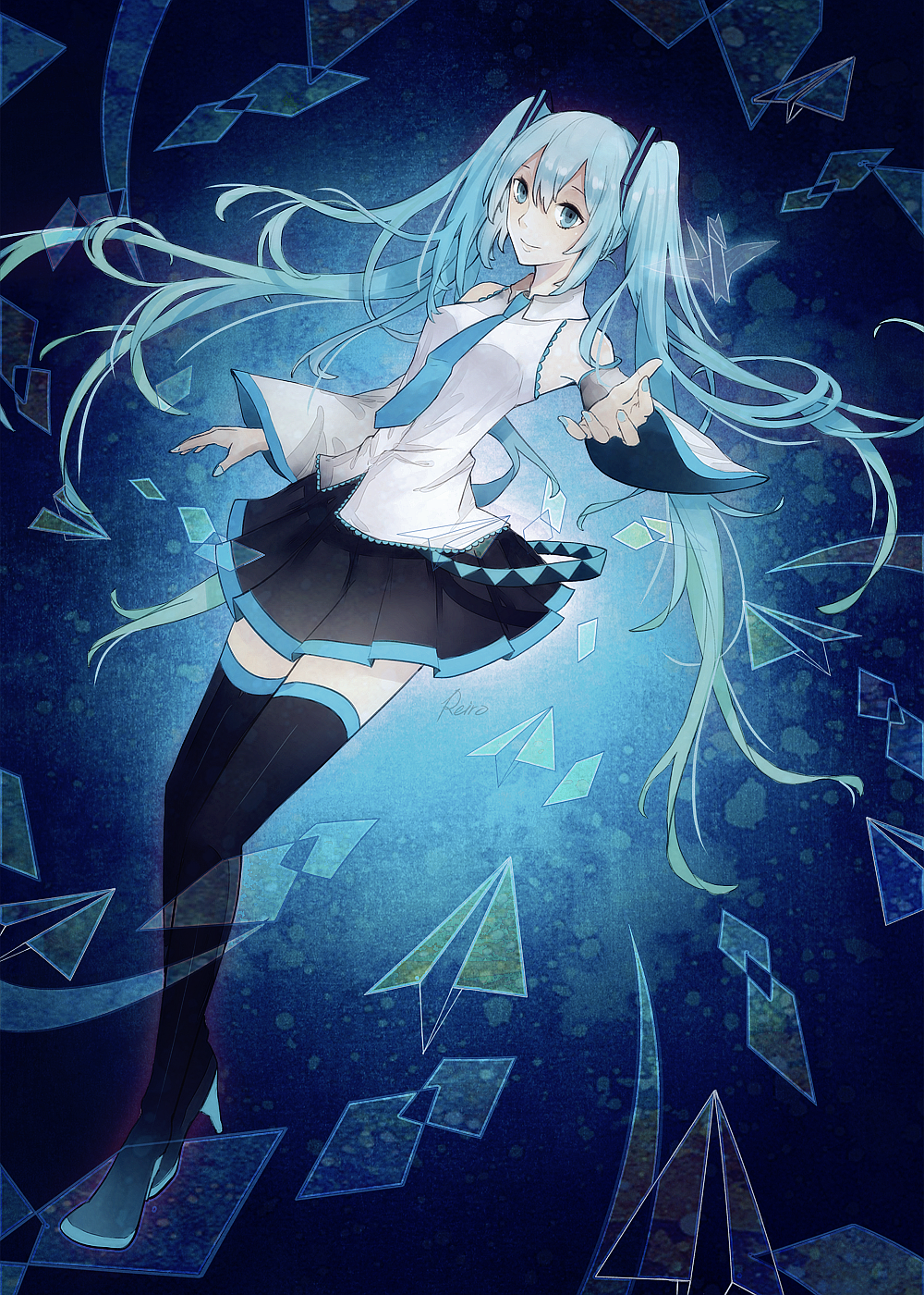 1girl, aqua_eyes, aqua_hair, bad_id, bad_pixiv_id, boots, detached_sleeves, female_focus