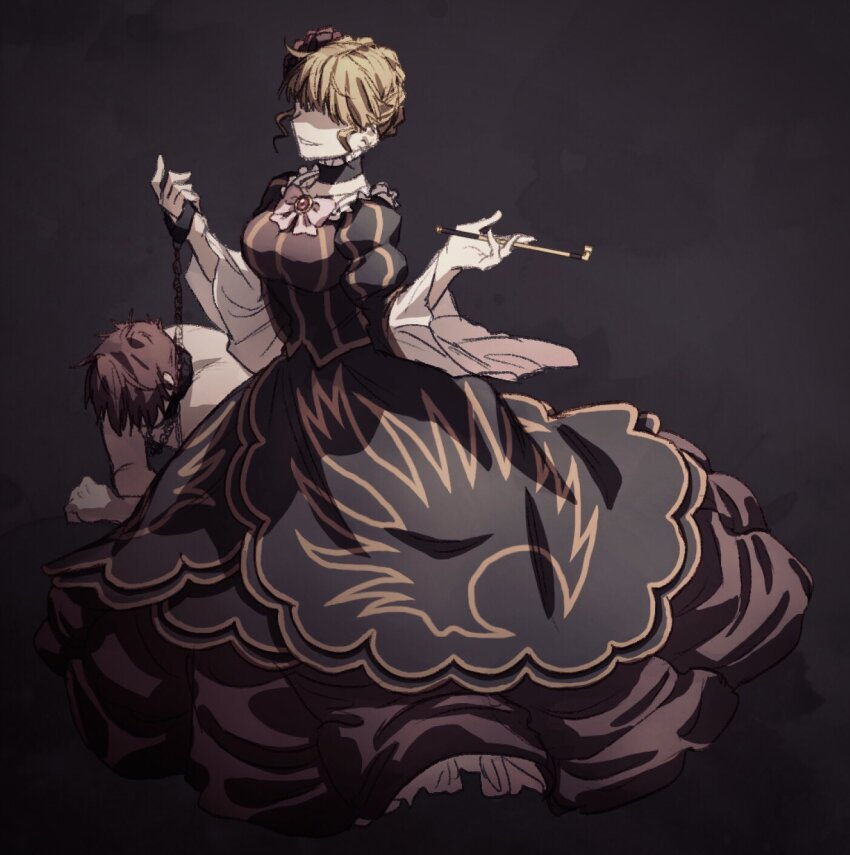 1boy, 1girl, beatrice_(umineko), black_background, black_dress, blonde_hair, bow, braid