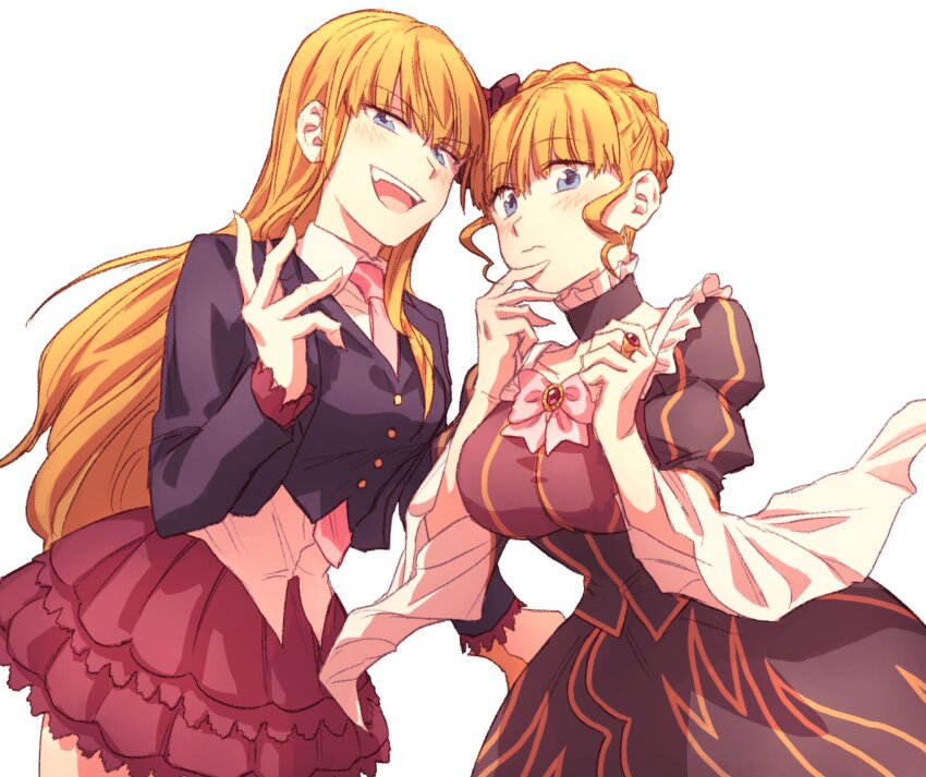 2girls, arm_up, arms_up, beatrice_(umineko), black_dress, blonde_hair, blue_eyes, blush