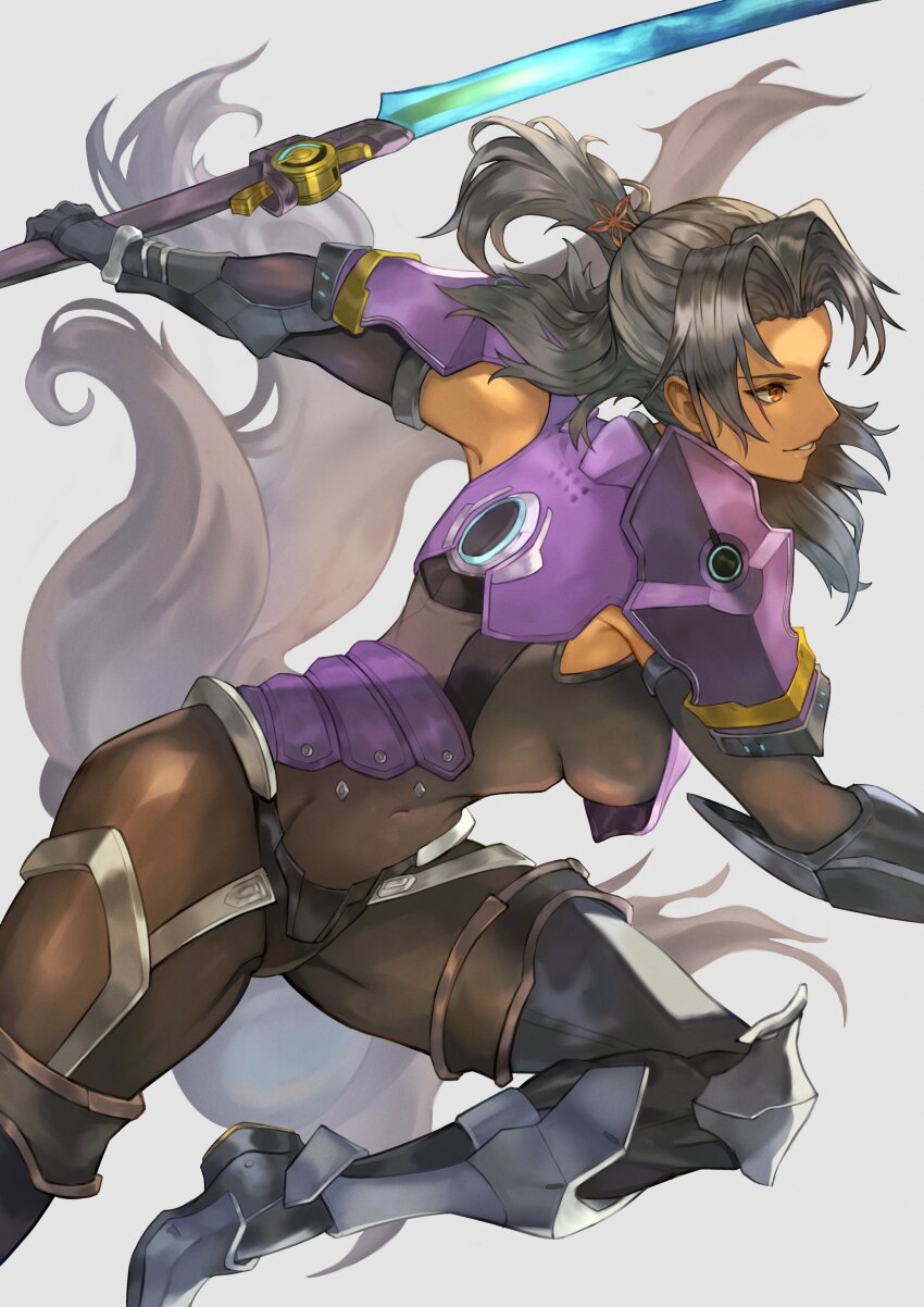 1girl, absurdres, armor, ashera_(xenoblade), black_hair, bodystocking, breasts, brown_eyes