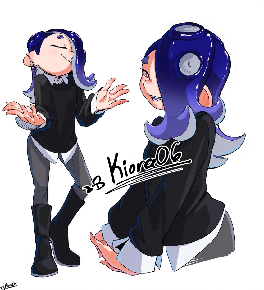 1girl, alternate_costume, arms_up, artist_name, black_boots, black_shirt, boots, bright_pupils