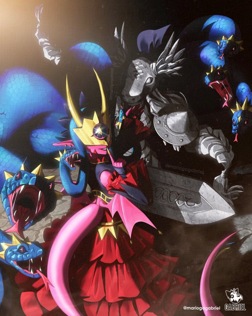 2girls, black_shirt, blue_hair, colored_skin, covered_eyes, digimon, digimon_(creature), finger_to_mouth