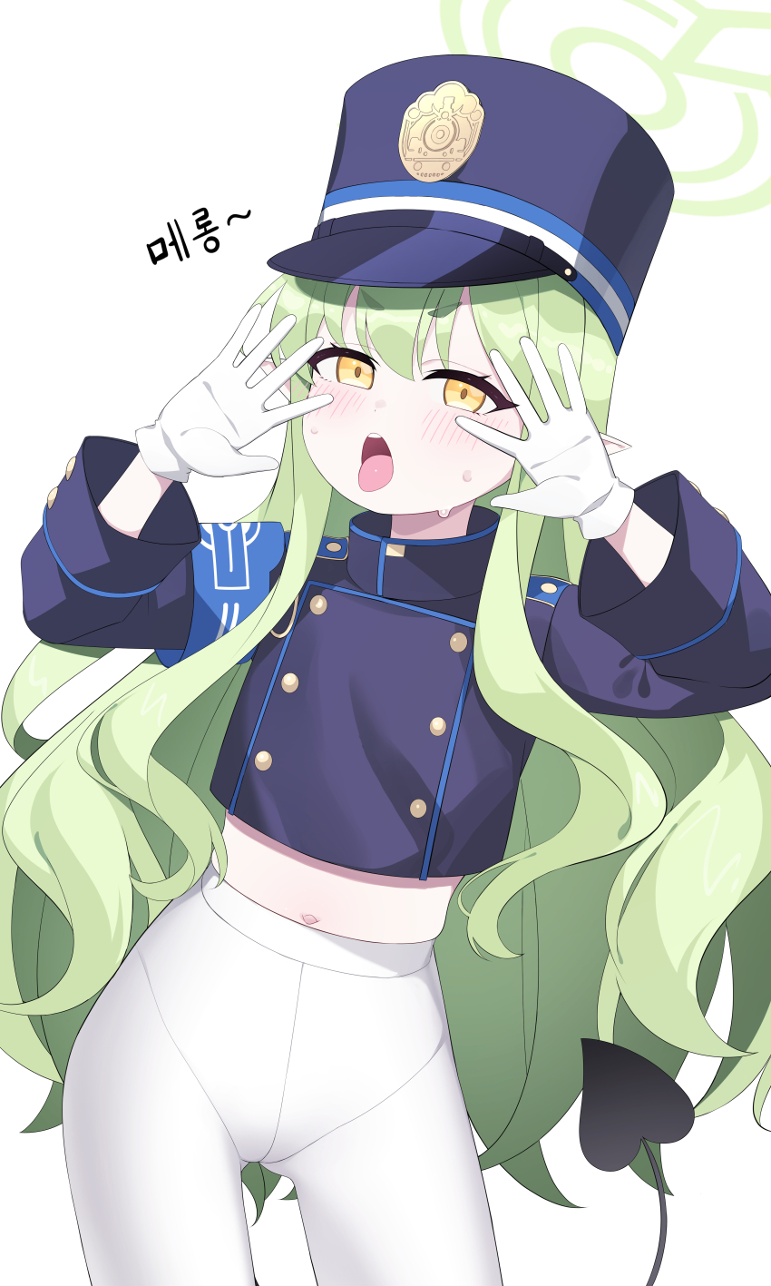 1girl, absurdres, blue_archive, blue_jacket, buttons, cowboy_shot, darros, demon_tail, green_hair, green_halo, halo, hands_up, highres, hikari_(blue_archive), jacket, loli, midriff, navel, open_mouth, pantyhose, simple_background, solo, sweat, tail, teeth, upper_teeth_only, white_background, white_pantyhose