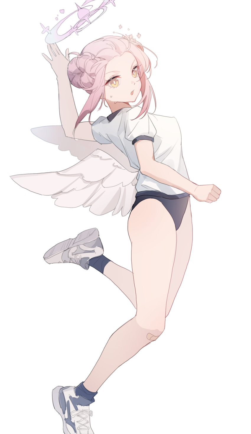 1girl, absurdres, arm_up, bandaid, bandaid_on_knee, bandaid_on_leg, black_buruma, blue_archive, bright_pupils, buruma, chinese_commentary, commentary, full_body, gym_uniform, halo, highres, jumping, karakara_(974070547), mika_(blue_archive), open_mouth, pink_hair, pink_halo, puffy_short_sleeves, puffy_sleeves, shirt, shoe_soles, shoes, short_hair, short_sleeves, simple_background, sneakers, solo, sweatdrop, t-shirt, white_background, white_pupils, white_shirt, white_shoes, white_wings, wings, yellow_eyes