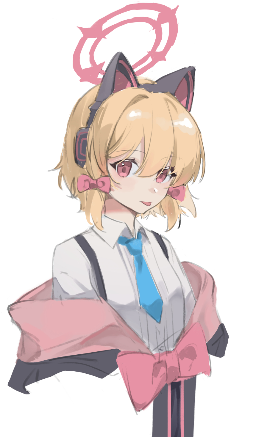 1girl, :p, absurdres, animal_ear_headphones, animal_ears, blonde_hair, blue_archive, blue_necktie